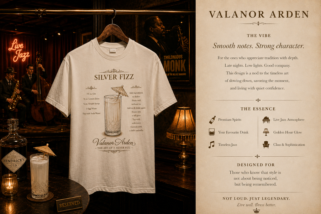 Valanor Arden – The Art of a Silver Fizz | Luxury Cocktail Graphic T-Shirt