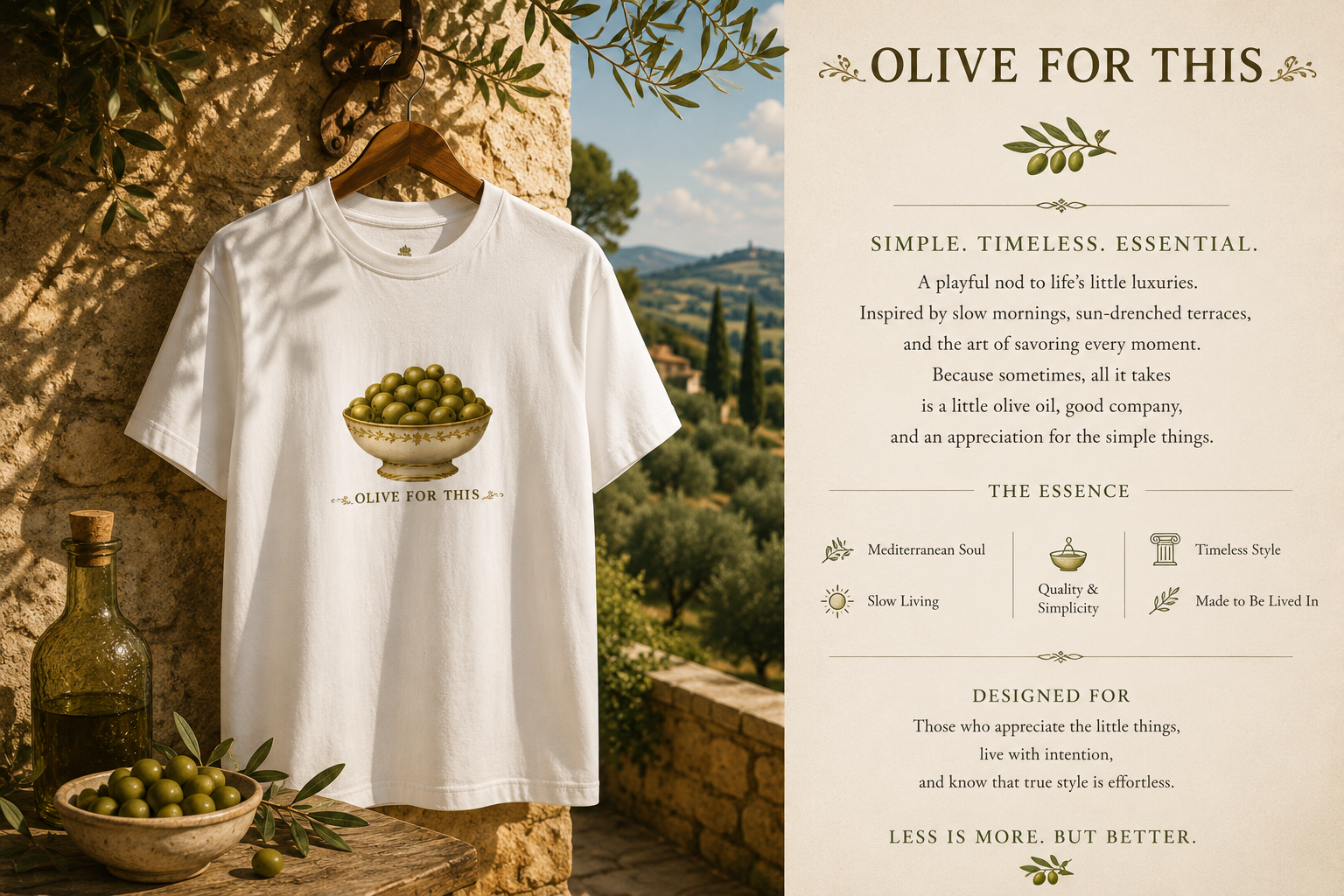Valanor Arden – Olive For This | Mediterranean Lifestyle Graphic T-Shirt