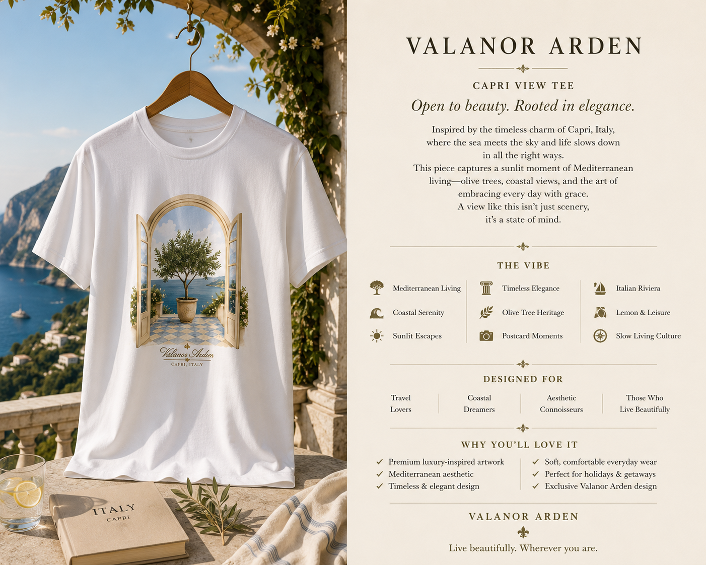 Valanor Arden Capri View Tee | Luxury Mediterranean Graphic T-Shirt