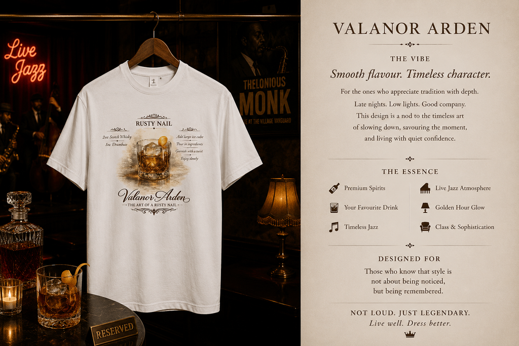 Valanor Arden – The Art of a Rusty Nail | Luxury Cocktail Graphic T-Shirt