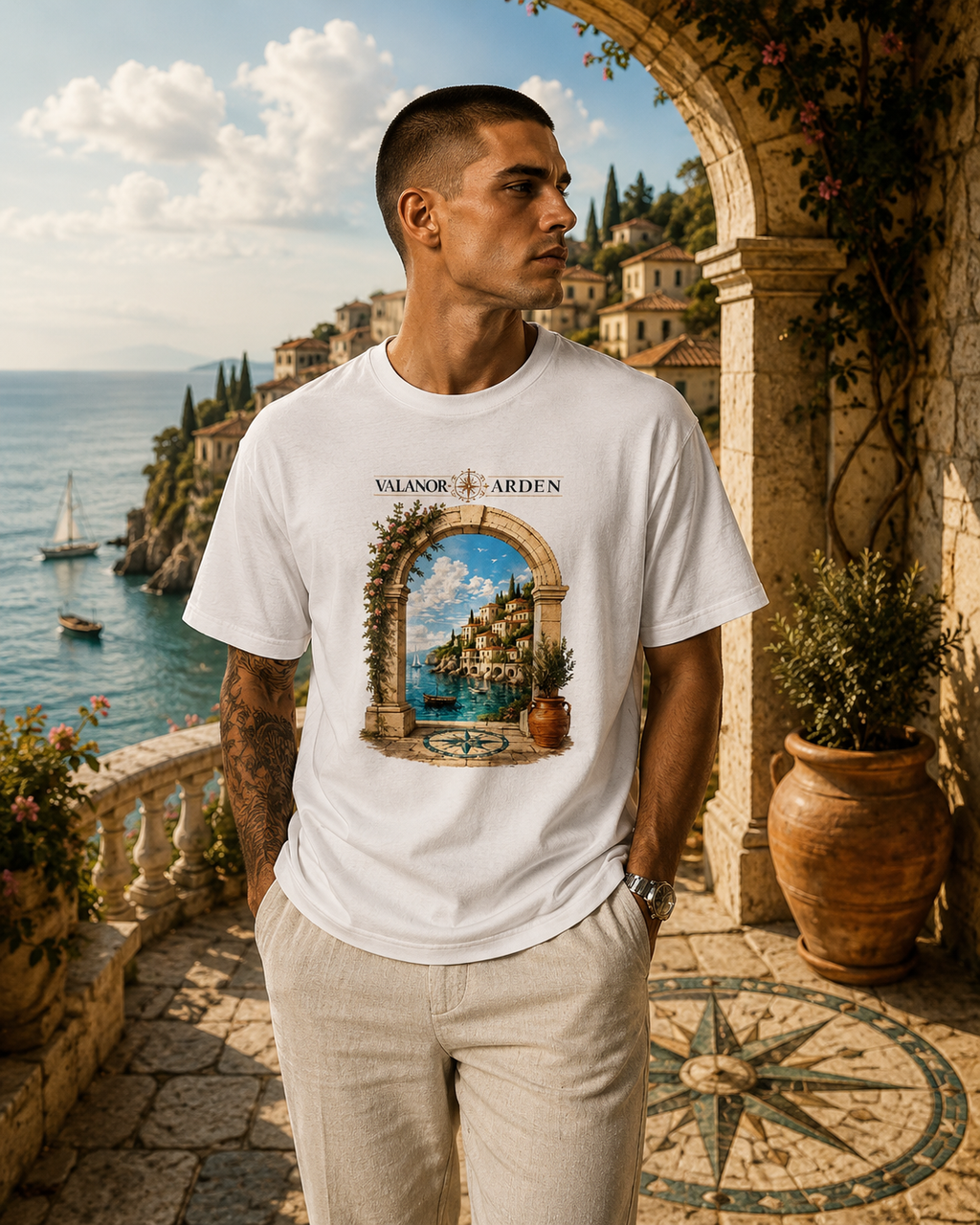Valanor Arden – Mediterranean Archway | Luxury Coastal Graphic T-Shirt