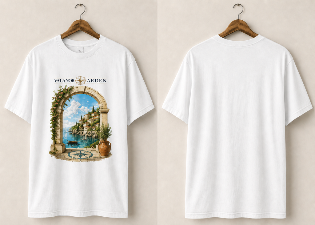 Valanor Arden – Mediterranean Archway | Luxury Coastal Graphic T-Shirt