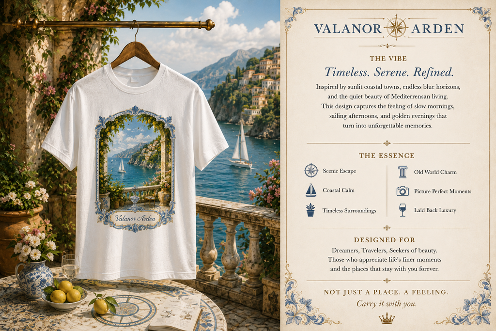 Valanor Arden – Mediterranean Vista | Luxury Coastal Graphic T-Shirt
