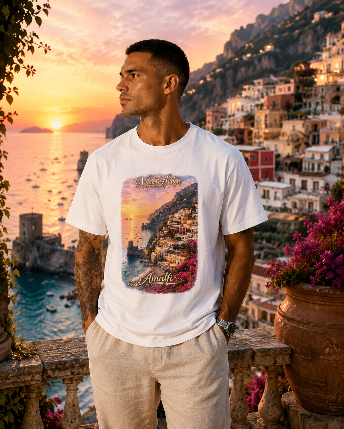 Valanor Arden – Amalfi Sunset | Luxury Mediterranean Graphic T-Shirt